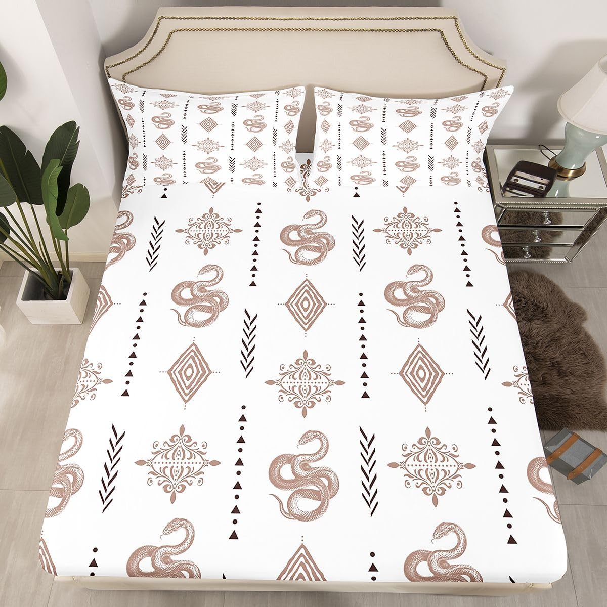 Erosebridal Tropical Snake Sheet Set Southwestern Aztec Western Full Size Bed Sheets for Toddler Boys | Light Brown Damask Bohemian Goth Bedding Set,Gothic Vintage Floral Victorian Decor