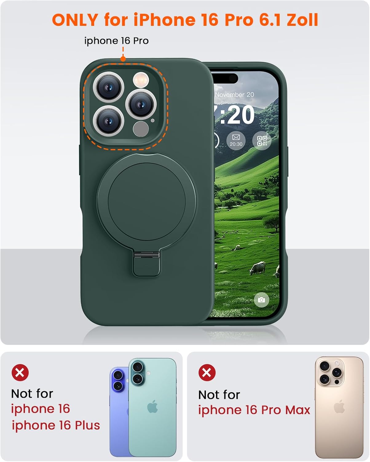 Liquid Silicone Case for iPhone 16 pro with Magnetic Ring Stand, Upgraded Camera Lens Protection, Mil-Grade Drop Shockproof, Anti-Scratch Microfiber Lining Silicone Case (Green) - Image 9