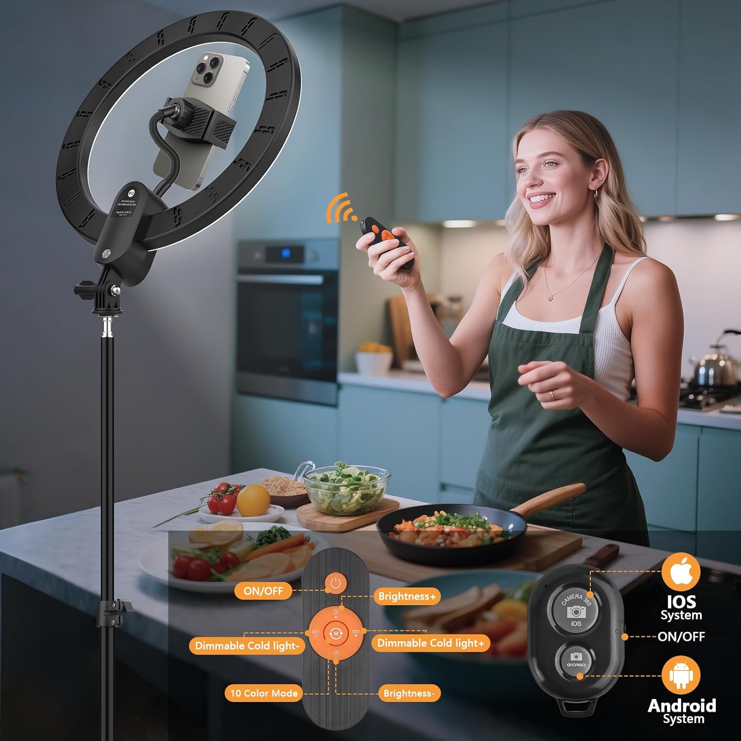 12" Selfie Ring Light with 63" Tripod Stand/Phone Holder, QEUOOIY 20W LED Circle Lights Dimmable 3000-6500K with Remote Control and Built-in Rechargeable Battery for Vlog, Makeup, YouTube, Camera
