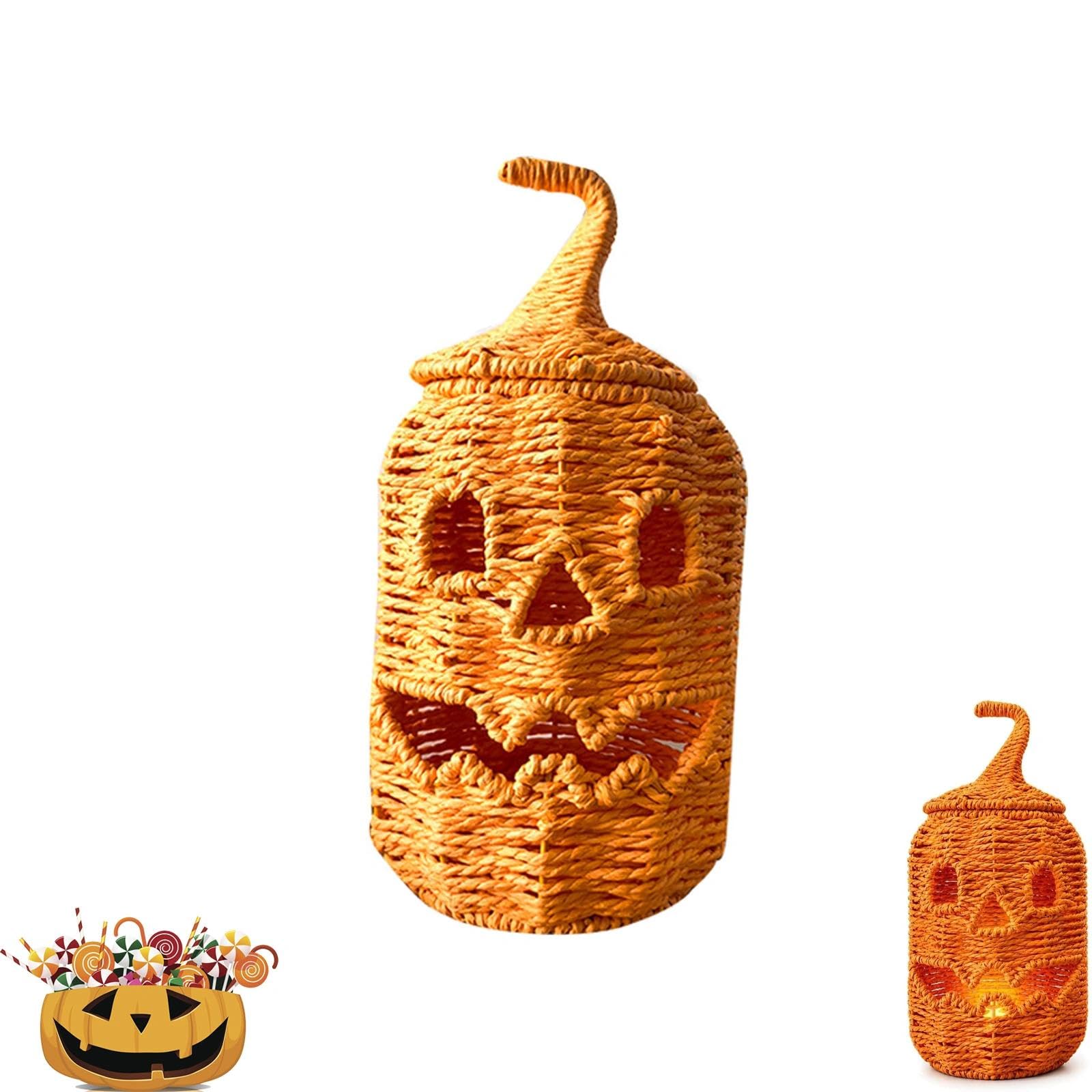 Rivodxiv A Halloween Woven Seagrass Pumpkin With Witch Hat Lid(A)