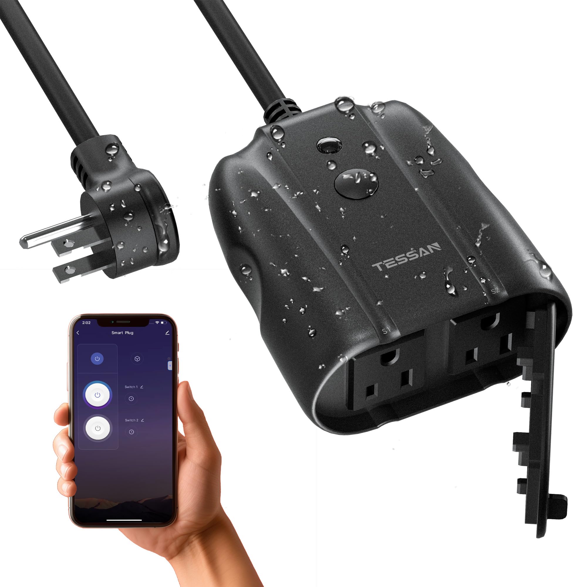 Outdoor Smart Plug Waterproof, TESSAN Smart WiFi Outlet Compatible with Alexa, Google Assistant, 2 Individual Sockets Outside Power Strip with Switch, 2.4GHz Wi-Fi Only, for Lights and 2HP Pool Pump Black
