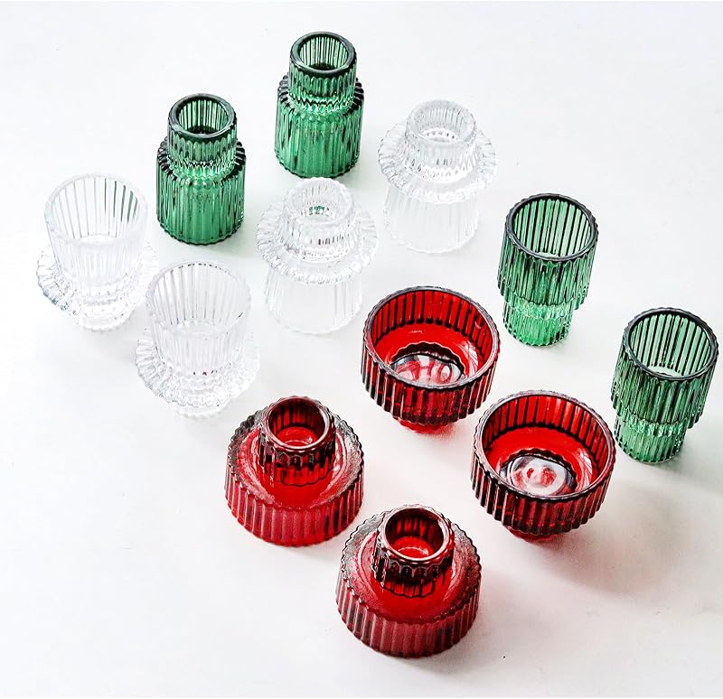 Juego de candelabros navideños, candelabros cónicos de vidrio rojo y verde para candelabros, velas, centros de mesa navideños, decoración navideña, 12 Uds.