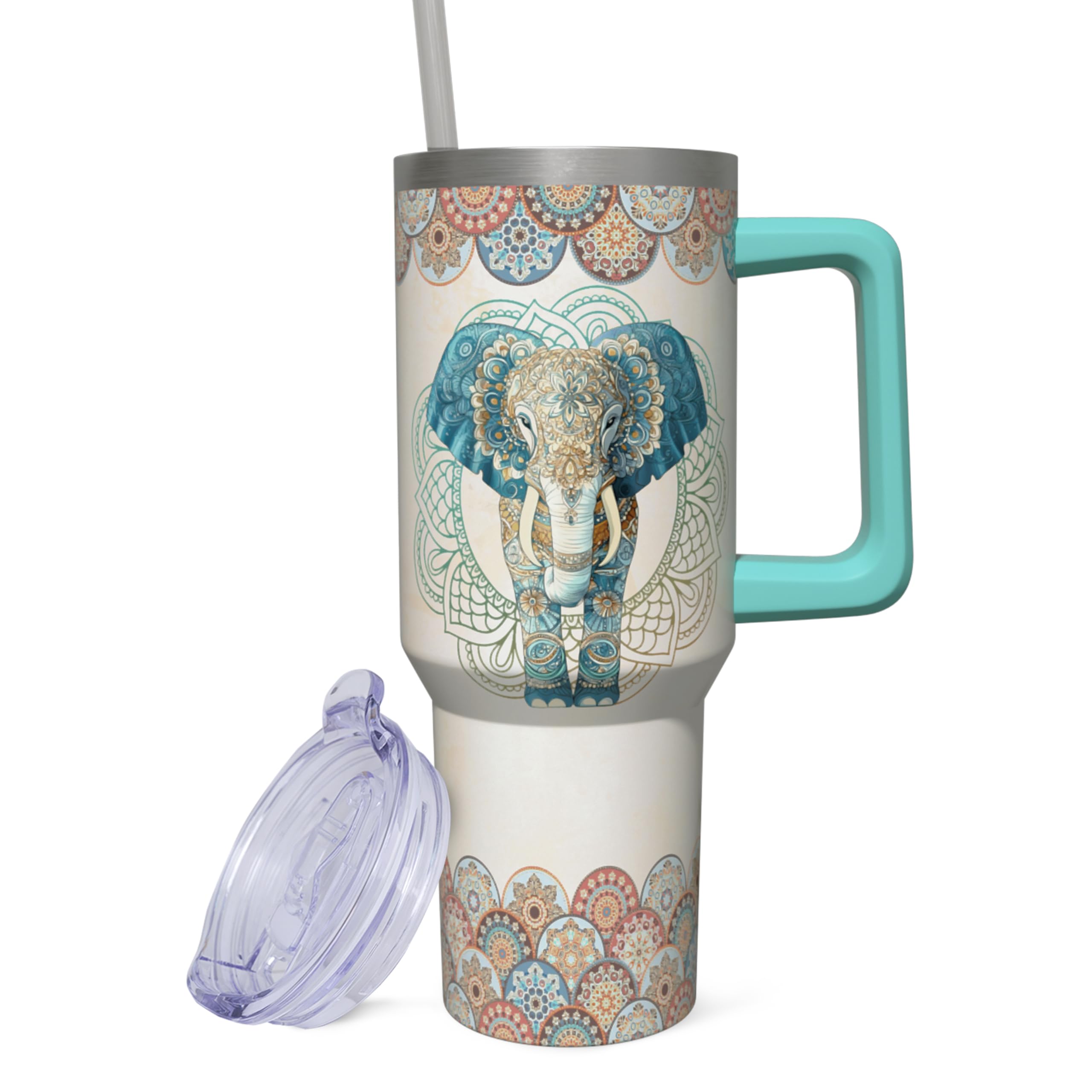 ZNYYZYBA 40 oz Elephant Tumbler with Handle and Straw, Stainless Steel Insulated Cup, Reusable Elephant Coffee Mug with Leak Proof Lid