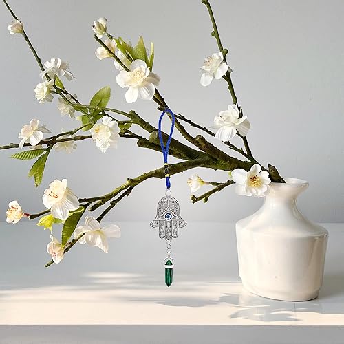 Miniatura 3 de LUCKBOOSTIUM Silver Ornate Hamsa Hand Jeweled Keychain - Evil Eye Protection, Hanging Gemstone - Good Luck Charms 1.8"x9" Malaquita,Amatista,Piedra