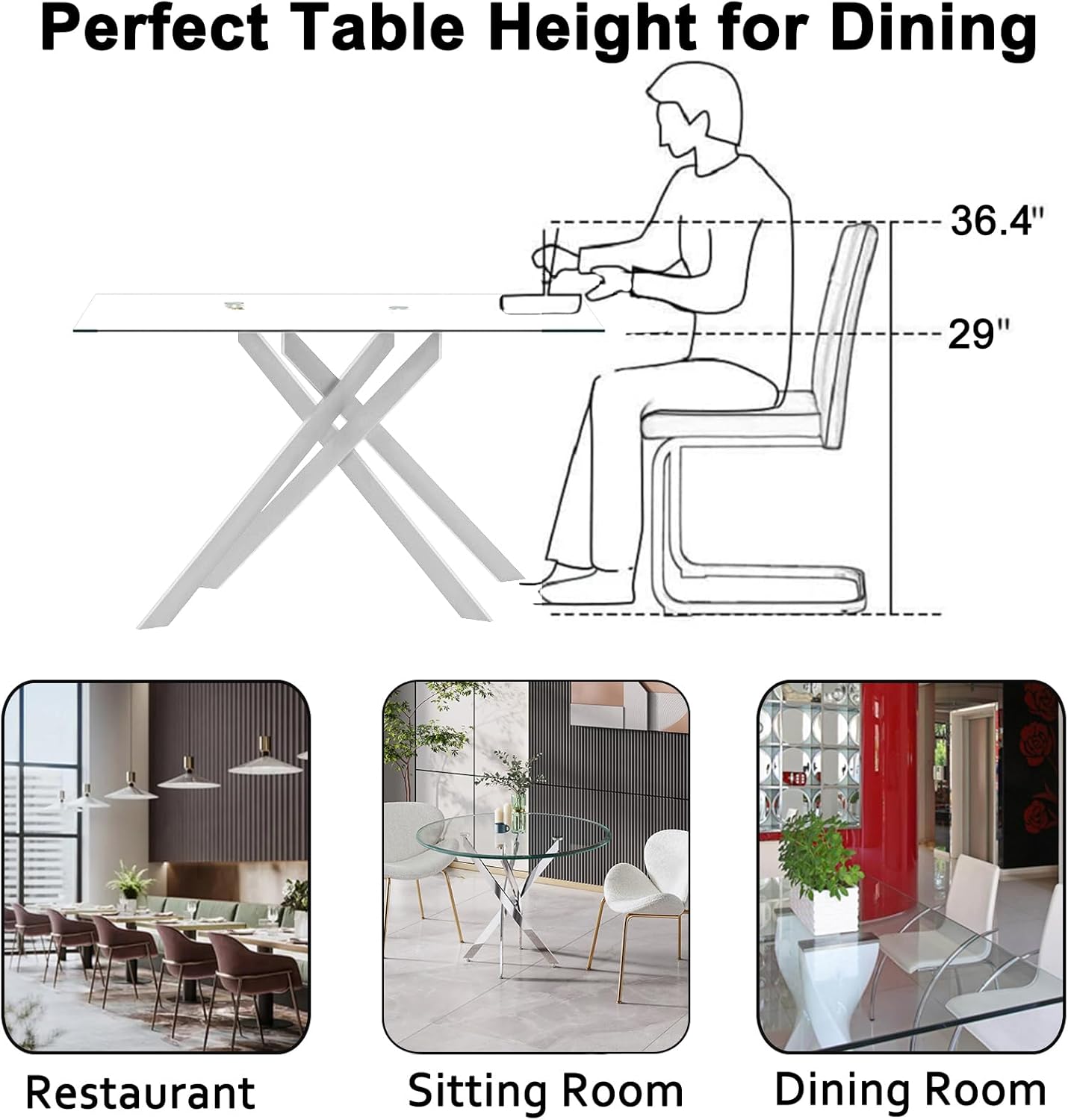5 Piece Dining Table Set for 4, 51in Glass Dining Table Set with 4 Upholstered Dining Chairs, Blue Tufted Chair & Dining Room Table Set w/Silver Metal Legs, Glass Kitchen Table and Chair Set for 4