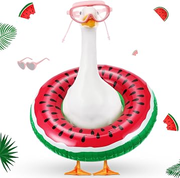 Aliceset 2 Pcs Summer Porch Goose Outfits Hawaiian Pool Goose Cloth Costume Swimsuit with Swim Ring Sunglasses, Fits 23 Lawn Statue for Patio Yard Garden Outdoor DecorWatermelon Style