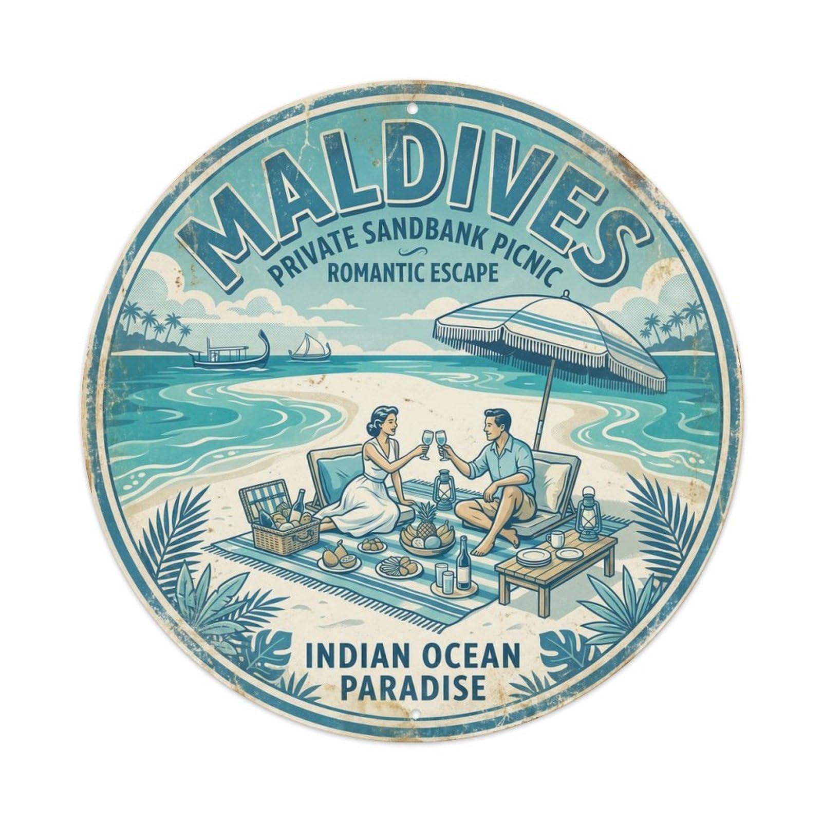 Maldives Sandbank Picnic Sandbar Palm Coast Lagoon Metal Tin Sign