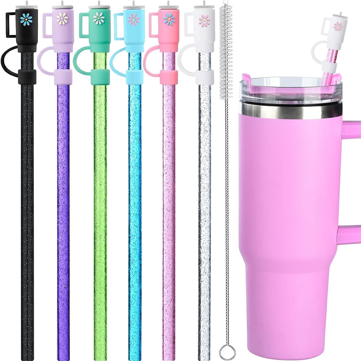 12 Pack Replacement Glitter Straws and Covers for 40 oz Stanley Adventure Travel Tumbler Cup Reusable Glitter Straws