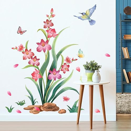 Miniatura 6 de DRWSSR Calcomanías de pared extraíbles de plantas de vid, mariposas y pájaros, calcomanías de pared de flores rosas para paredes del hogar,