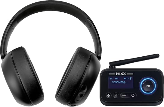 MIXX StreamQ TV Headphones and Transmitter Bundle Wireless Bluetooth Over-Ear Headphones with 3D Surround Sound, Voice Mode for Clear Dialogue, 40-Hour Battery Life, Multi-Listener Audio