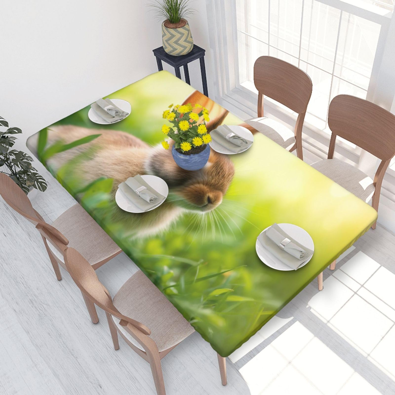 DCARSETCV Cute Bunny Printed 4FT Waterproof Tablecloth with Elastic Edged Protect & Decor Your Table, Oil-proof Washable Table Cloth Cover for Dinner Picnic Party