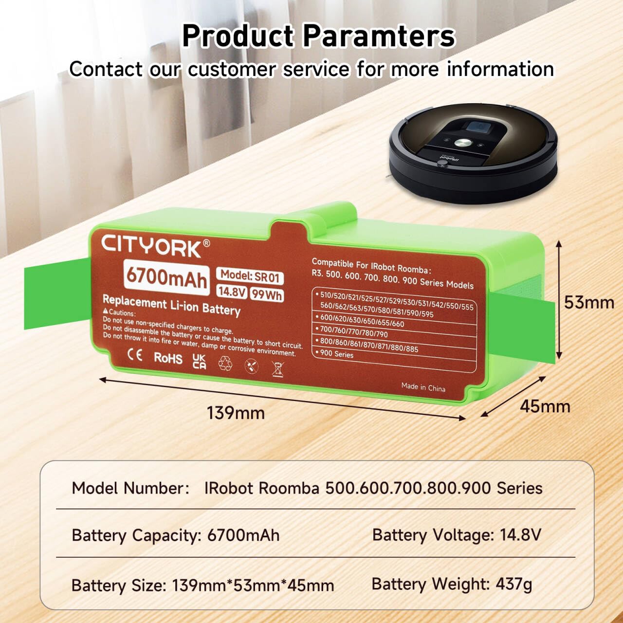 CITYORK 6700mAh Li-ion Batería para iRobot Roomba 980 981 985 960 968 971 976 966 965 900,880 896 895 890 891 800, 690 695 680 676 675 650 630 615 606,780 770 760 776,560 551 500 iRobot Roomba Bateria