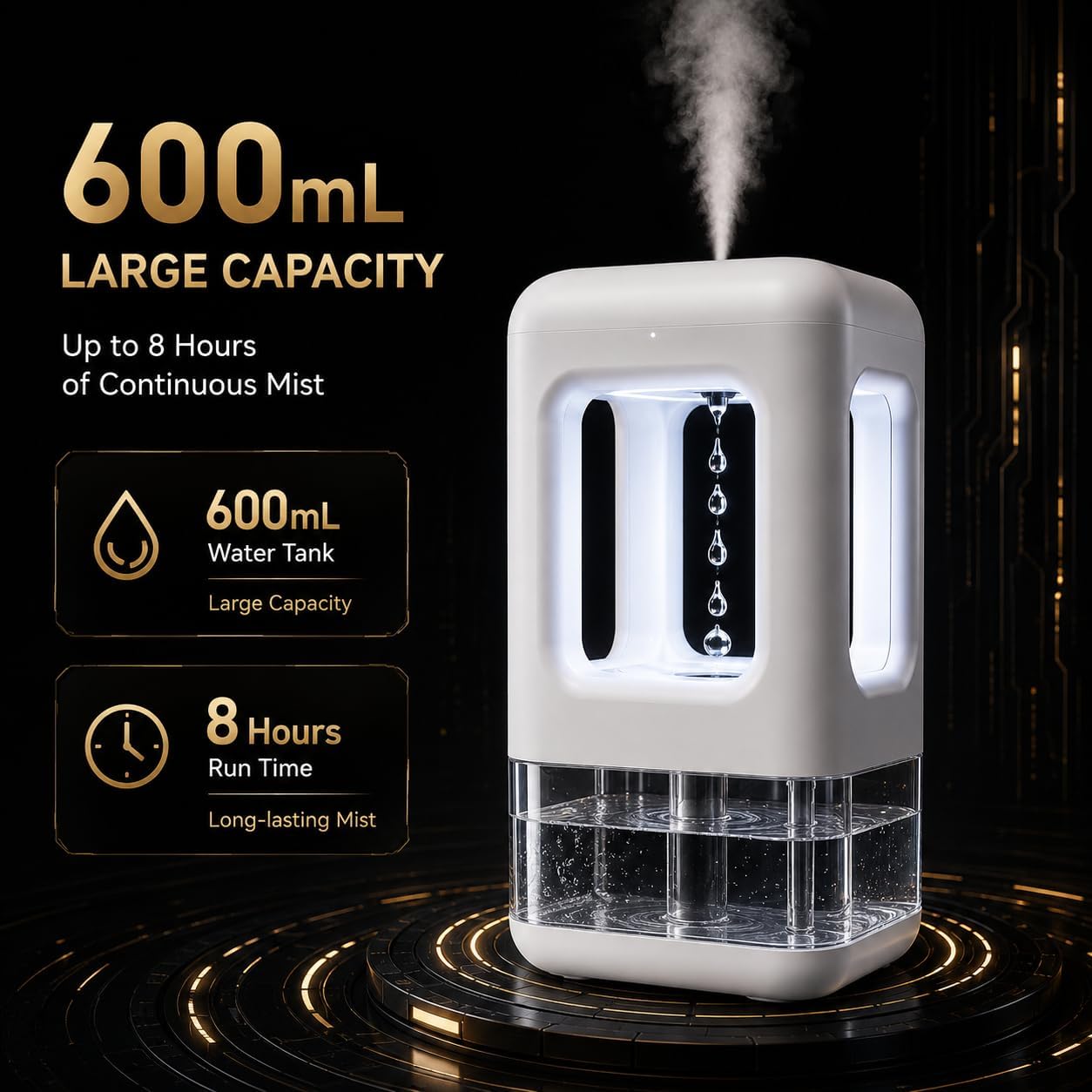 0.6L White Mini Humidifier with Anti-Gravity Water Drop Effect, Cool Mist Desktop Humidifier for Bedroom, Office Desk, Nightstand & Indoor Plants, 36dB Quiet, Night Light, Auto Shut-Off