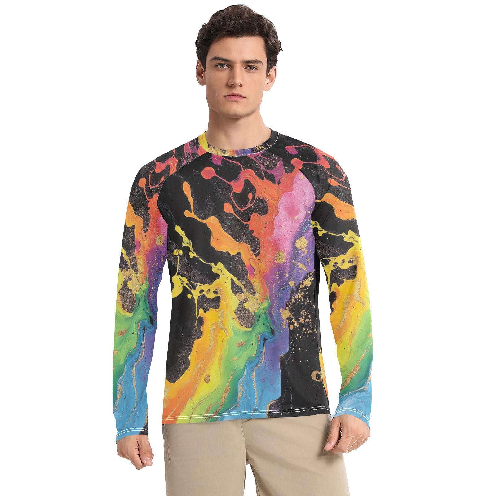 Black Rainbow Colors Rash Guard Men UV Sun Protection UPF 50+ Sun Shirts Long Sleeve Quick Dry Swim Shirts, XX-Large