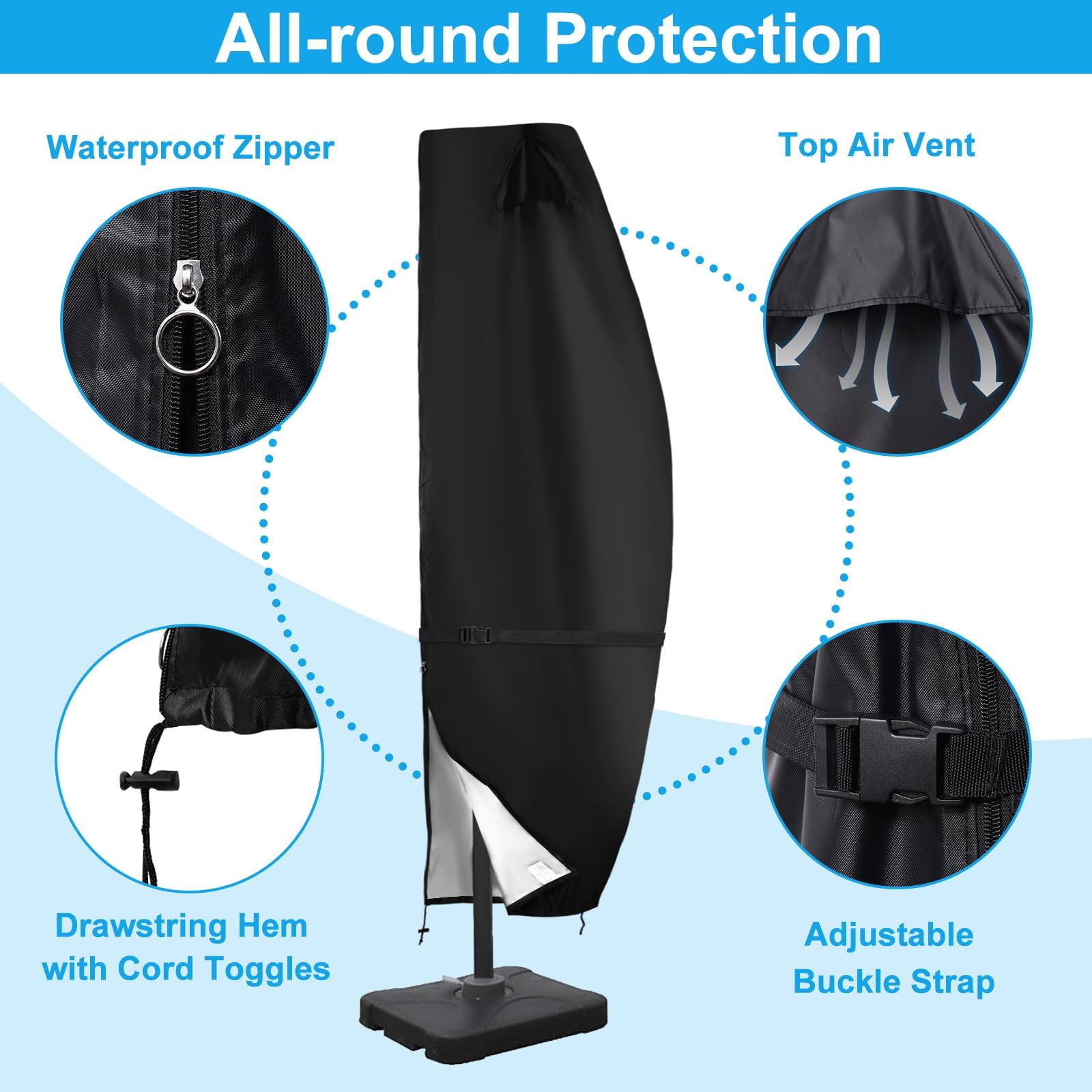 Funda impermeable 420D para sombrilla de patio de 9 a 12 pies, con cremallera impermeable resistente y ventilación superior, se adapta a la cubierta de sombrilla voladiza al aire libre