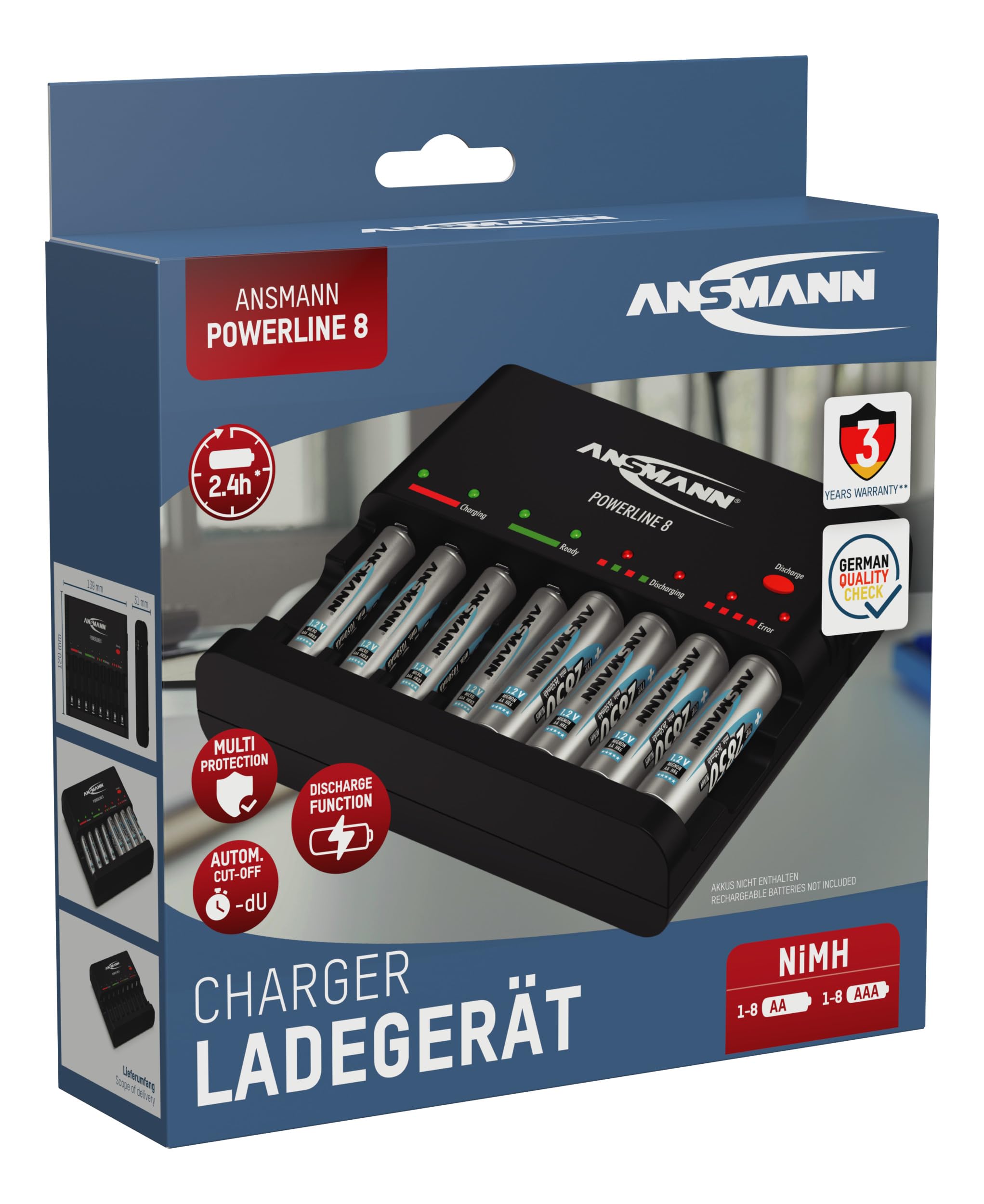 Ansmann Powerline 8 para 1 – 8 pilas AA/AAA Baterías y puerto de carga USB 1001 – 0006