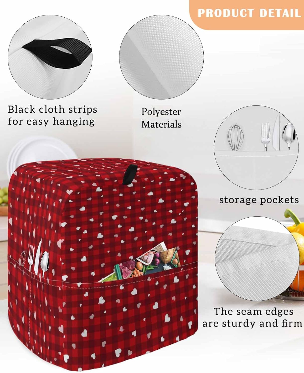 Valentine's Day Stand Mixer Cover with Storage Pocket, Waterproof Kitchen Mixer Covers, Love Romantic Red Plaid Vintage Kitchen Appliance Dust Cover Compatible with 6-9 Quart Mixers