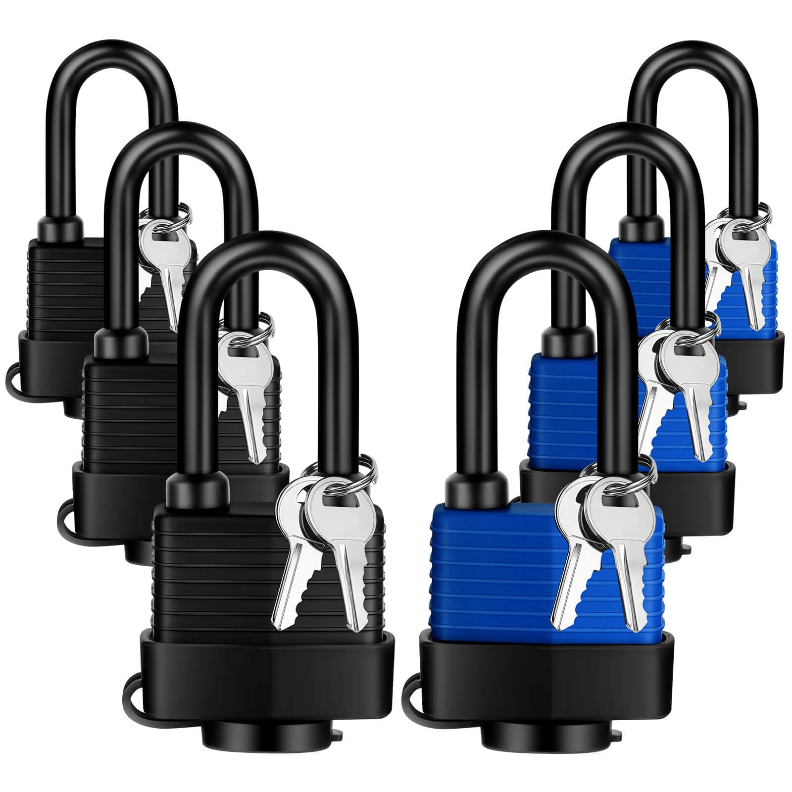 YIMSGO Weatherproof Outdoor Padlock Keyed Alike, Plastic Covered Heavy Duty Laminated Steel, Squire Yale Weather Waterproof Pad Lock with Same Key for Shed Warehouse Gate Locker Truck (3 Blue/3 Black)