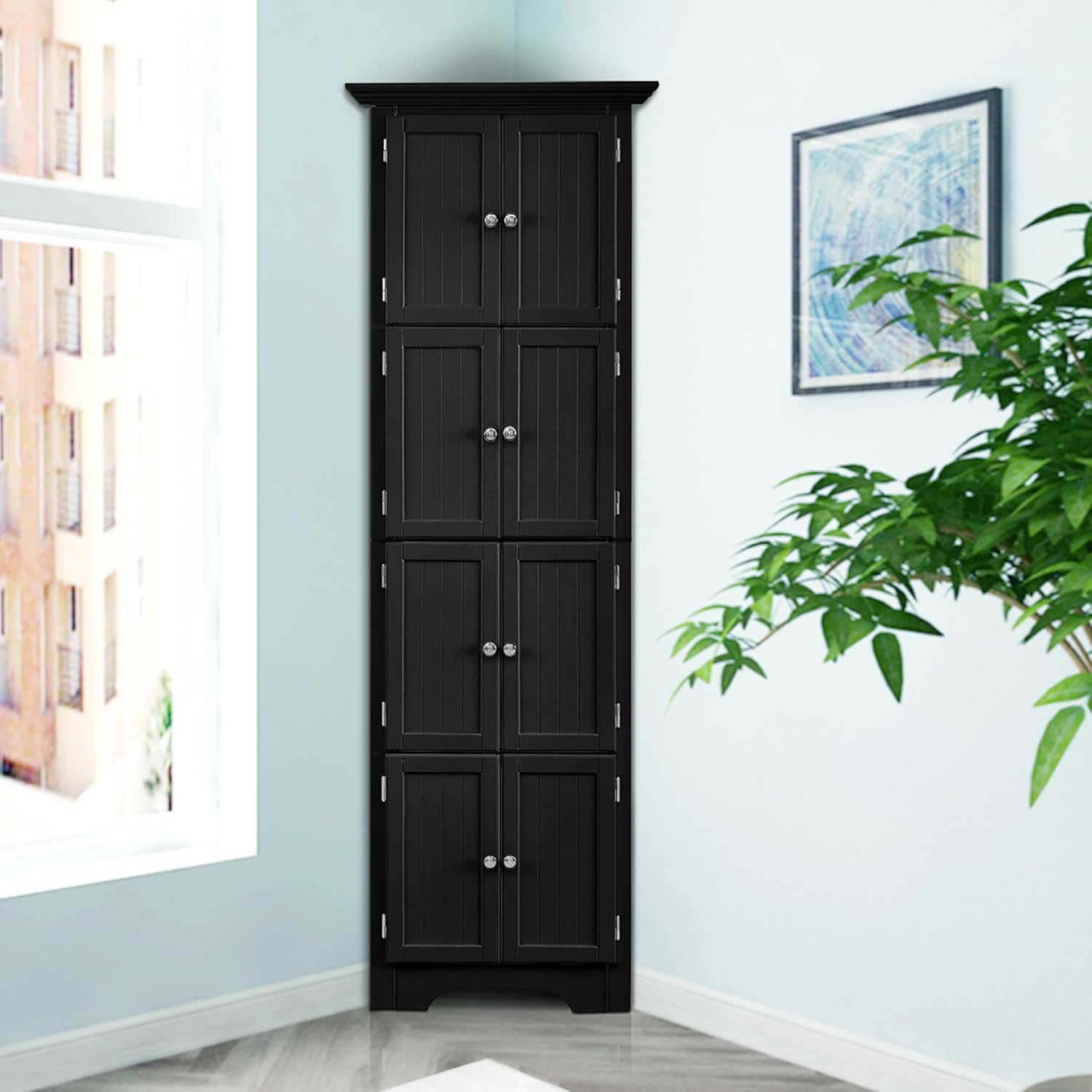 Corner Cabinet 72“ Tall Storage Cabinet with 8 Doors and Shelf, Free Standing Corner Hutch Cabinet for Bathroom Kitchen Living Room Office (Corner-Black)