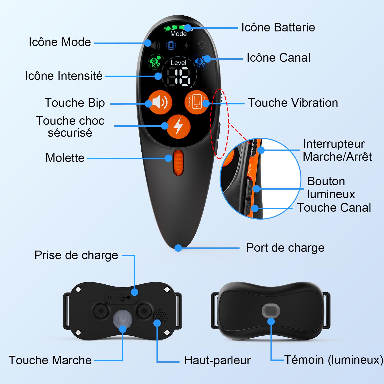 Collier Dressage 3 Modes Choc 1000m IP67 LED Rechargeable | Collier Dressage Chien Télécommande 3 modes (bip/vibration/choc), 1000m, IP67 récepteur, batterie 2h/15-60j, cou 67.5cm, LED
