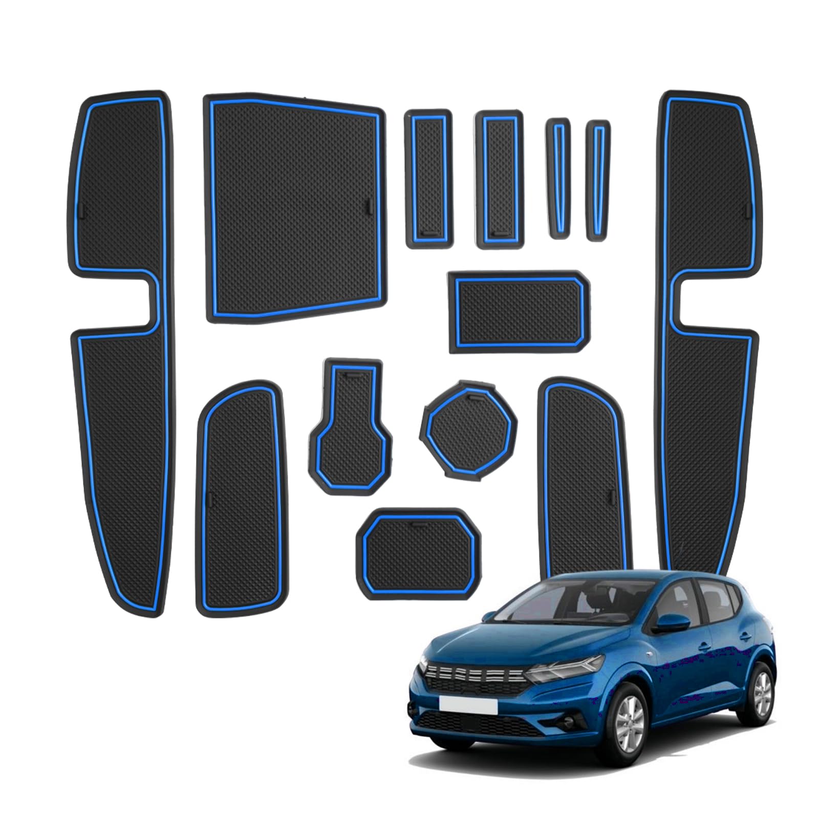 Compatible avec 2021-2025 Dacia Sandero III & Dacia Sandero Stepway III Tapis Antidérapants pour Sandero 3 Tapis en Caoutchouc pour Console Centrale, Porte Verres, Rainure de Porte (Bleu)