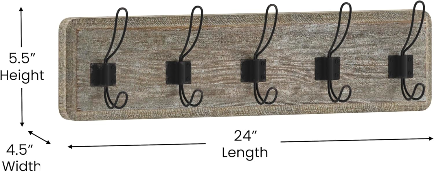Flash Furniture Daly Wall Mounted Storage Rack - Weathered Solid Pine Wood - 24 Inch - 5 Hanging Hooks - For Entryway, Kitchen, Bathroom