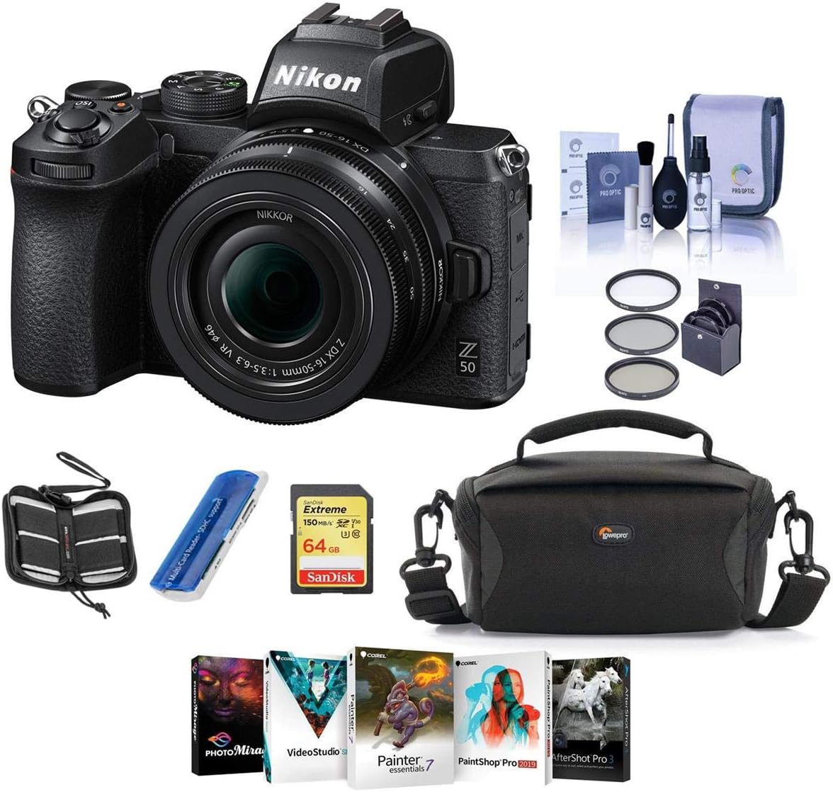NikonZ50 Mirrorless Camera with NIKKOR Z DX 16-50mm f/3.5-6.3 VR Lens - Bundle with Camera Case, 64GB SDXC Memory Card, 46mm Filter Kit, Cleaning Kit, Memory Wallet, Card Reader, PC Software Package
