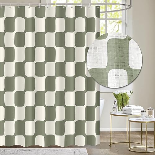 Tititex Retro Checkerboard Grid Pattern 140gsm Faux Linen Fabric Shower Curtain, Beige Sage Green Classical Groovy Wavy Checkered Shower Curtain Sets Decoration 72x72 Inch with Hooks - Beige & Sage - 72"W x 72"L (Pack of 1)