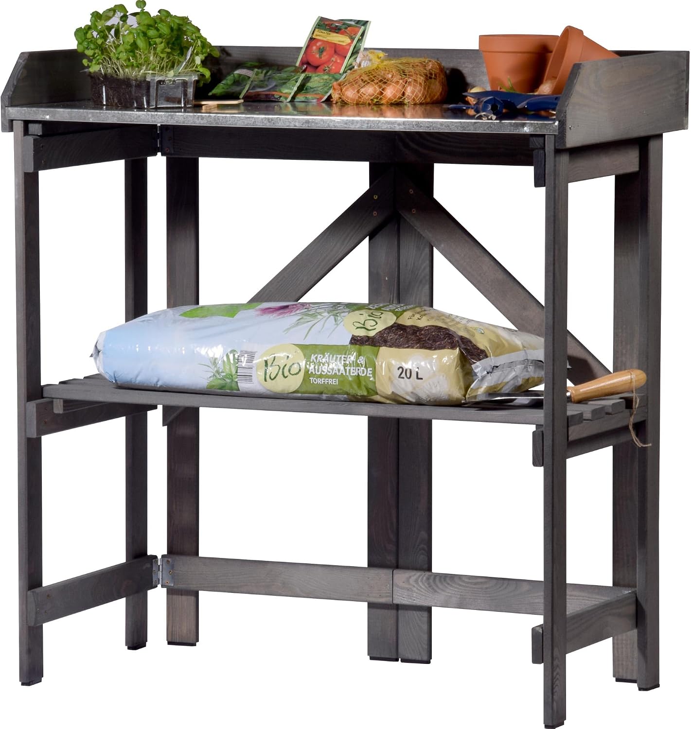 dobar® Folding Plant Table | Gardener Table Solid Wood | Foldable Turning Pot Table with Zinc Plate | Flower Table for Garden/Patio/Balcony | 85 x 44 x 89 cm | Anthracite