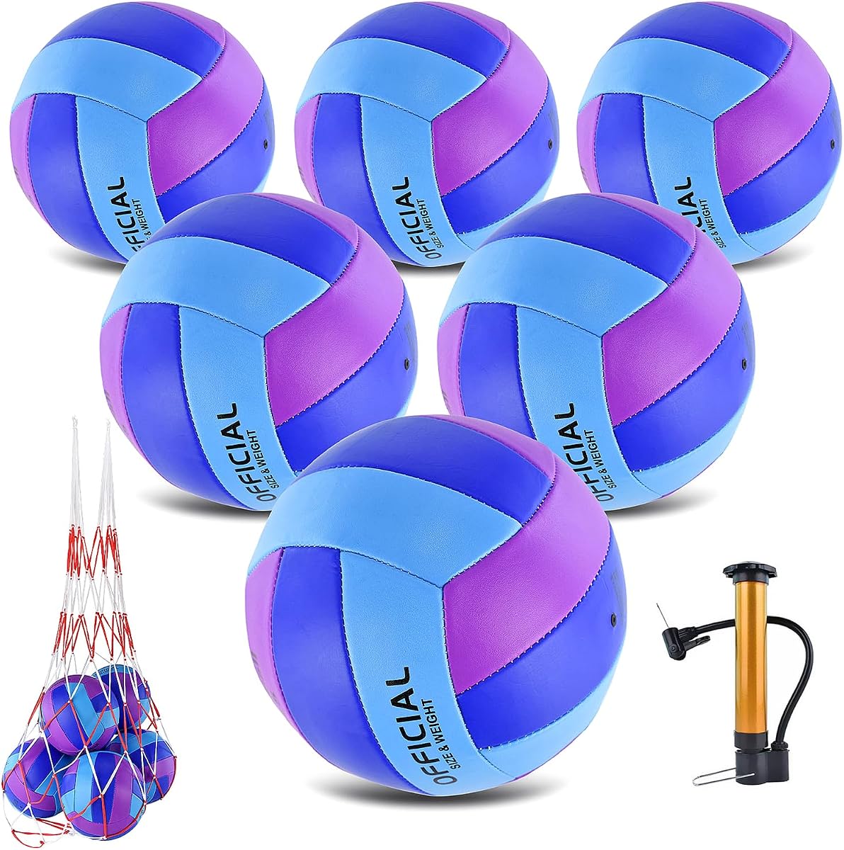 Paquete de 6 pelotas de voleibol tamaño oficial 5, pelotas de voleibol recreativas suaves a granel con bomba y bolsa de red para interior al aire libre, playa, piscina, agua, arena, juego de entrenamiento para principiantes