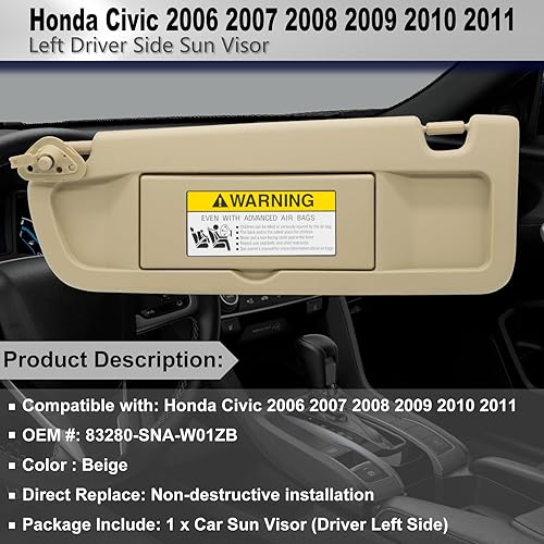 Miniatura 3 de Reemplazo del parasol del lado izquierdo del conductor compatible con Honda Civic 2006, 2007, 2008, 2009, 2010, 2011, repuesto # 83280-SNA-W01ZB,