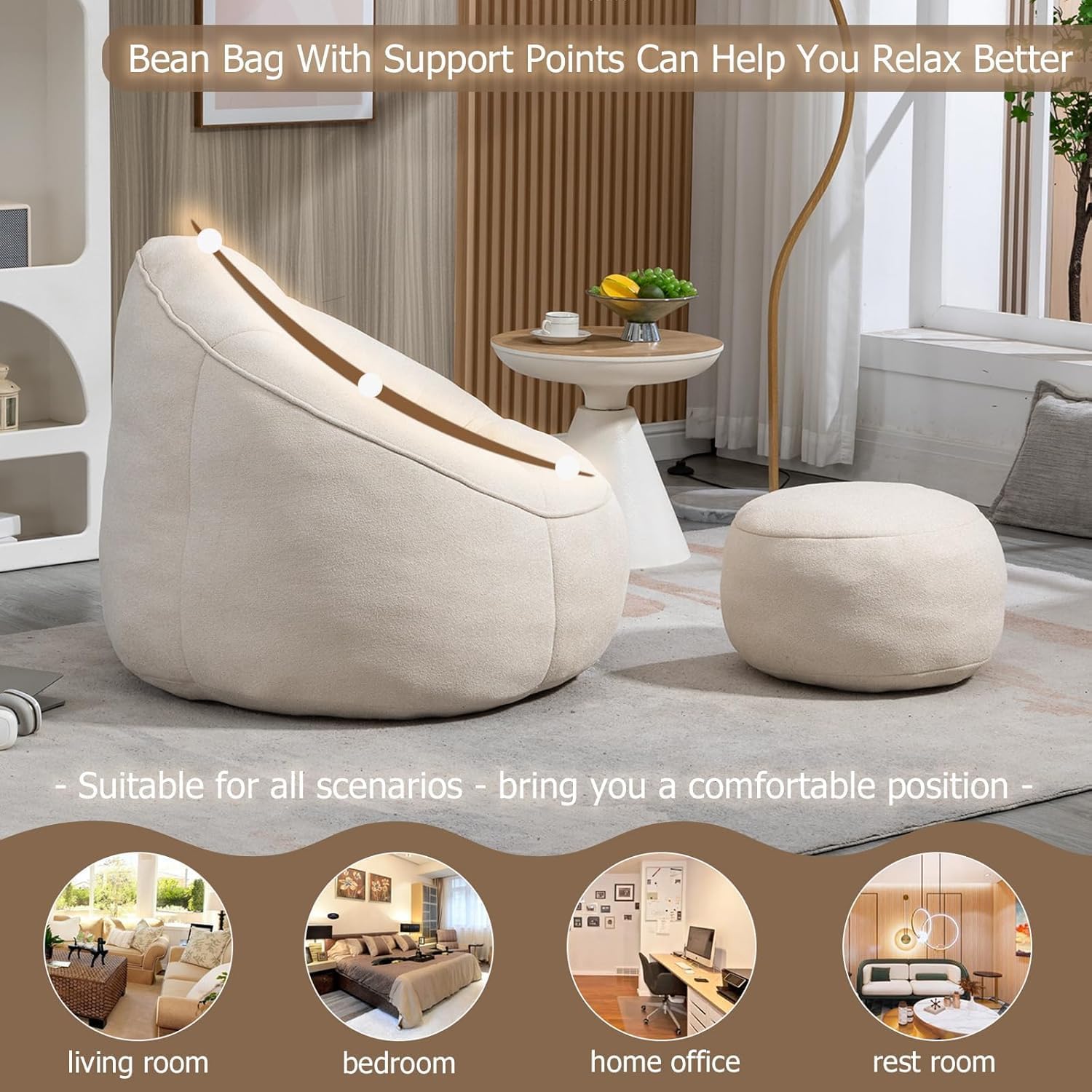 Bean Bag Chair with Ottoman, Comfy Beanbag Chair for Adults with Memory Foam Filler, Lazy Bean Bag Sofa with Stool, Cozy Lounge Chair for Teens and Kids to Reading, Gaming and Watching TV (Beige)