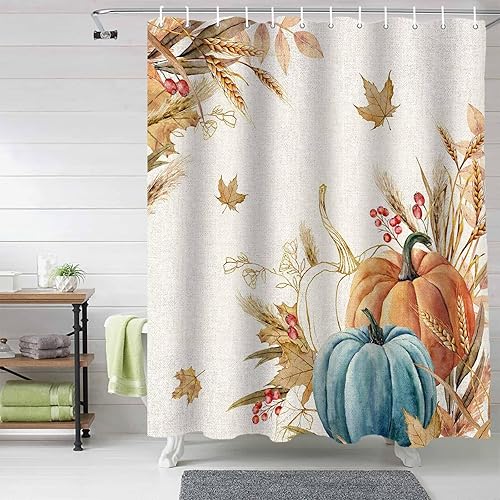 Miniatura 5 de Cortina de ducha de calabaza de otoño, hojas de trigo y calabaza, cortinas de ducha para decoración de baño, otoño, Acción de Gracias, cosecha,