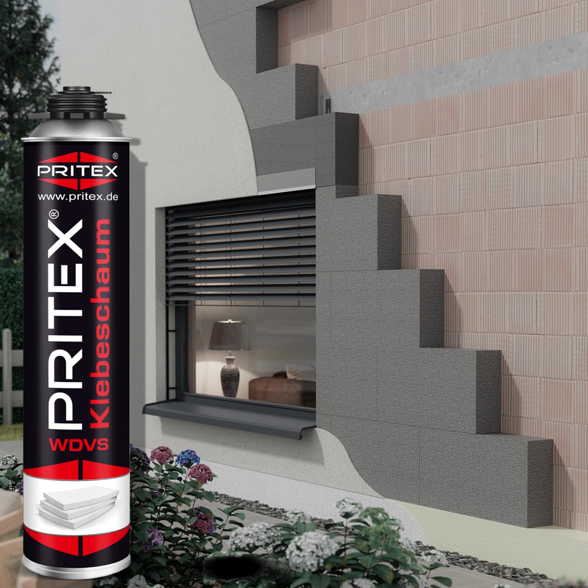 PRITEX – WDVS Klebeschaum 5 x 750 ml zum Isolieren, Fixieren & Befestigen – Dämmstoffkleber mit sehr guter Haftung, niedrigem Aushärtedruck & geringer Nachdehnung – Bauschaum für Montagepistole