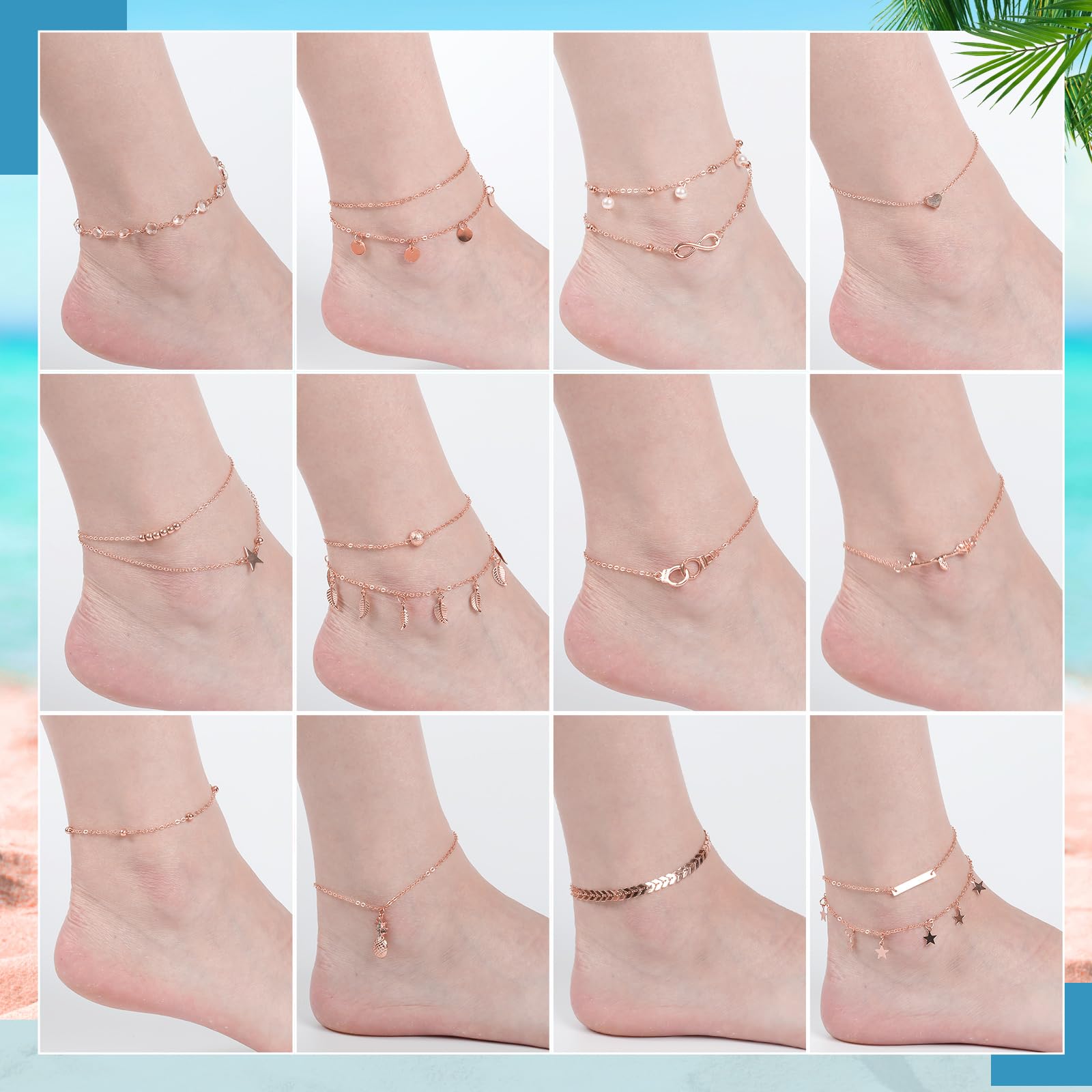 Hicarer 16 Pieces Ankle Bracelets 14K for Women Anklets Set Boho Beach Anklets Foot Chains Adjustable Foot Hand Jewelry Romantic Gift