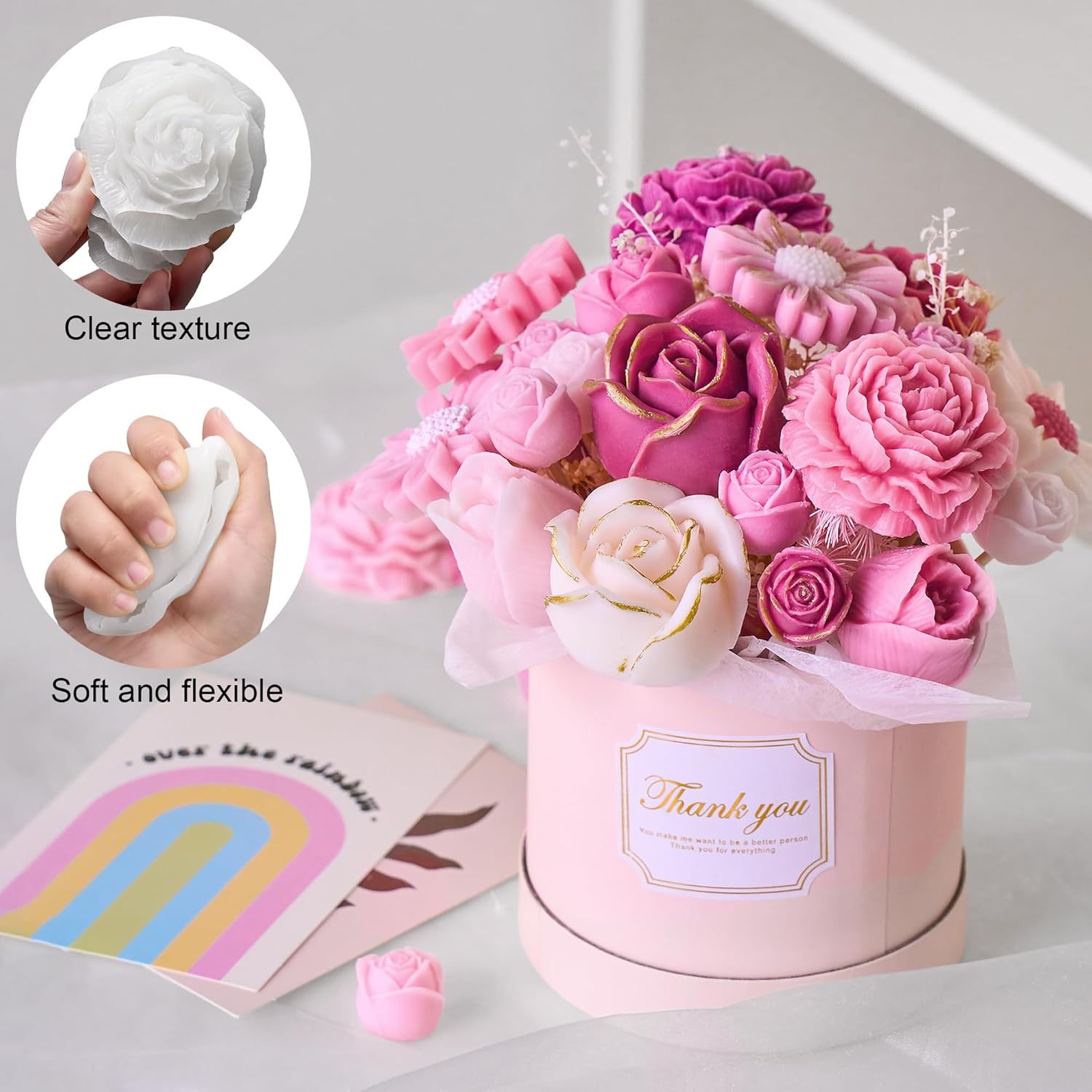 5 PCS Flower Candle Molds Set, 3D Floral Silicone Candle Molds for Candle Making, Daisy Peony Rose Tulip Flower Molds for Soap, Wax, Epoxy Resin Casting Mom Gifts, Easy Release, with Candle Wick