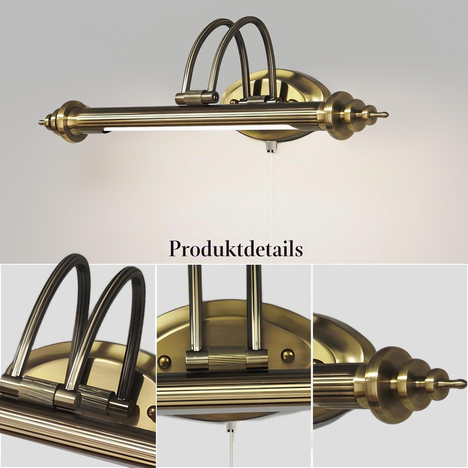 ACMHNC LED Vintage Spiegelleuchte Bad Mit Schalter, Retro Badlampe IP44 Spiegellampe Badezimmer,4000K Wandleuchte Mit Zugschalter, 240 ° Einstellbar Schranklampe Arc Arm Bilderleuchte,75cm/11w