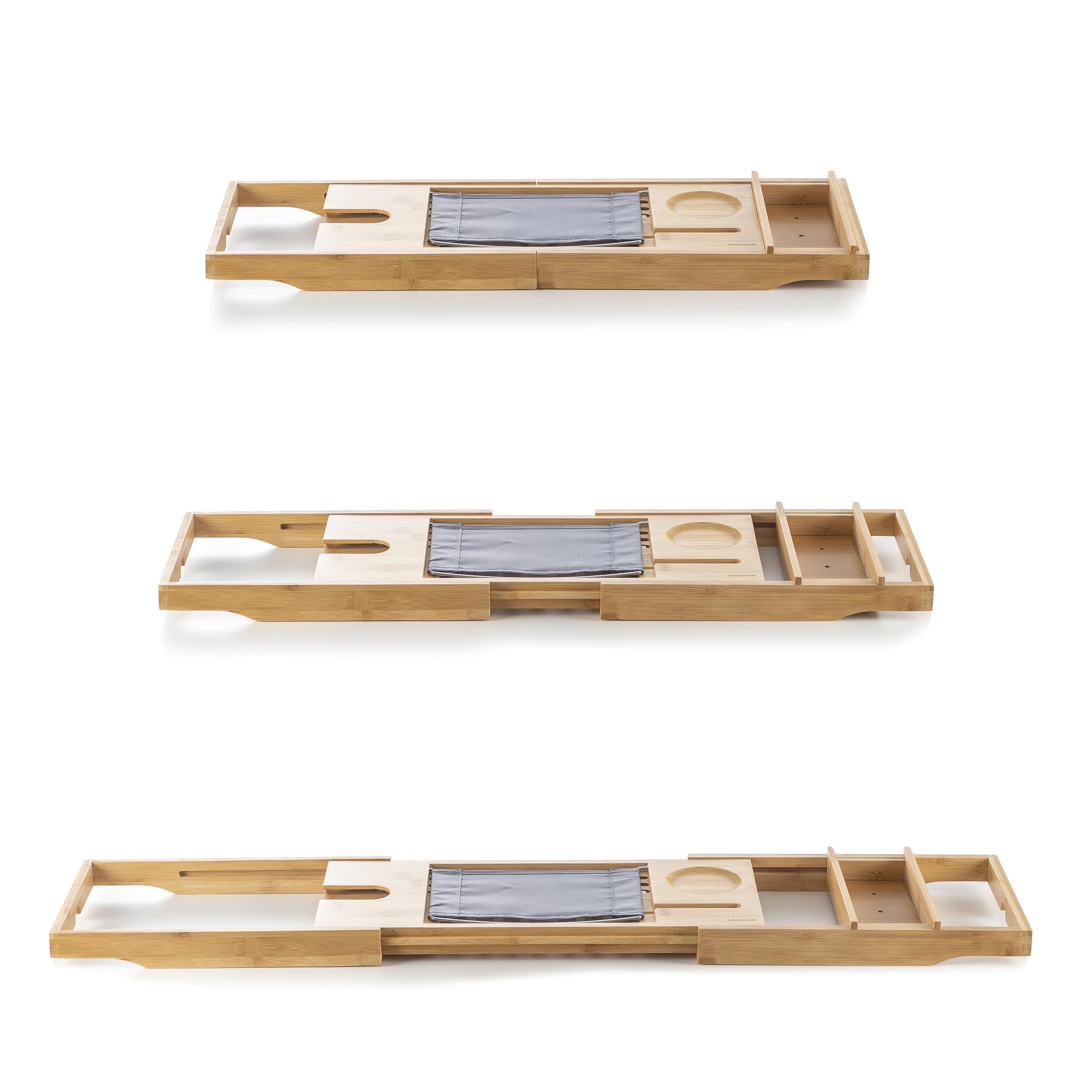 InnovaGoods® Bandeja bañera de Bambu, Bandeja baño Extensible 70-104 cm, Incluye Bandeja extraíble, Bandeja baño con Ranura de sujeción para Smartphone, Soporte para Copas y 3 Niveles de inclinación.