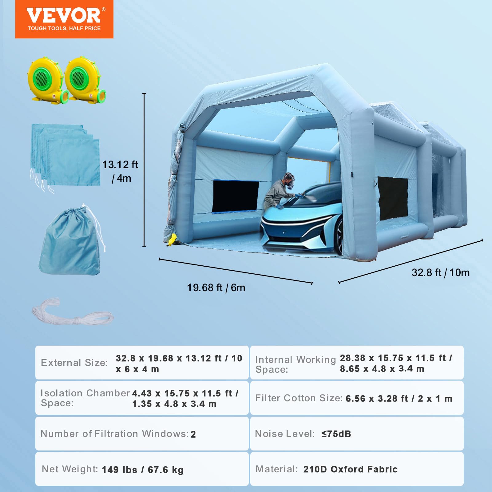 VEVOR Tragbares Aufblasbares Farbzelt 10 x 6 x 4 m 1100 + 950 W Sprühschutz Farbkabine Blau 210D Oxford-Gewebe