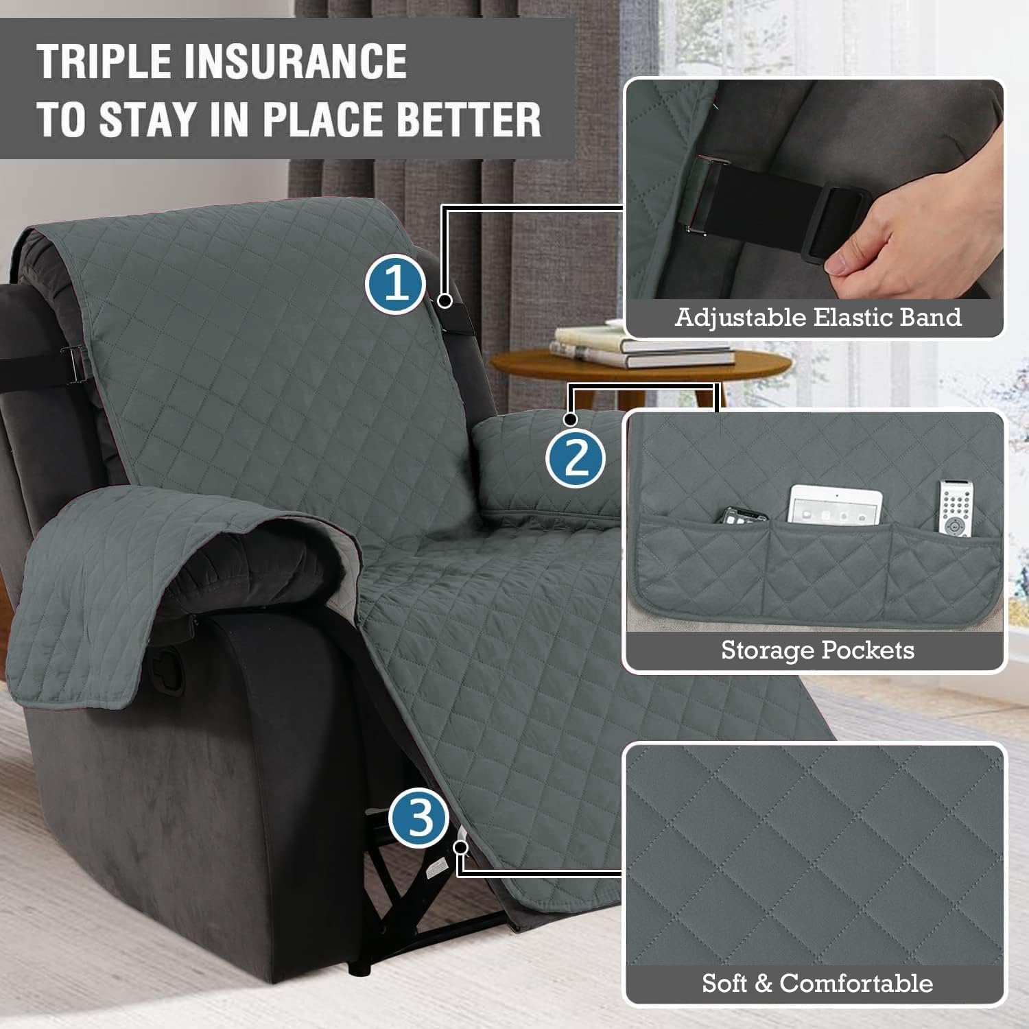 HOKIPO Recliner Cover - Dark Grey Quilted Mat -7