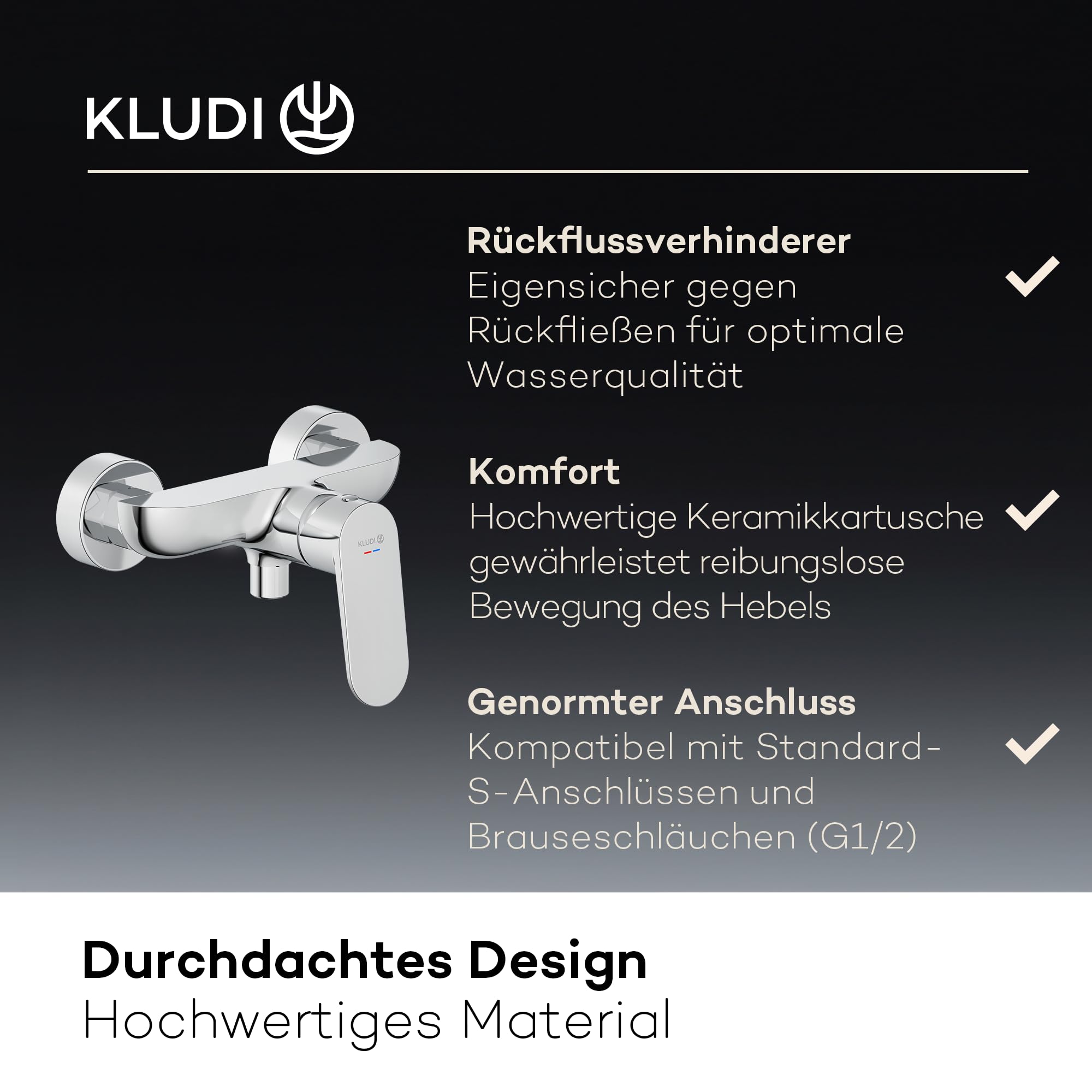KLUDI - Grifo de ducha X1 para 1 consumidor, montaje en pared con conectores S, mezclador monomando con cartucho de cerámica de alta calidad, grifo mezclador de ducha en cromo