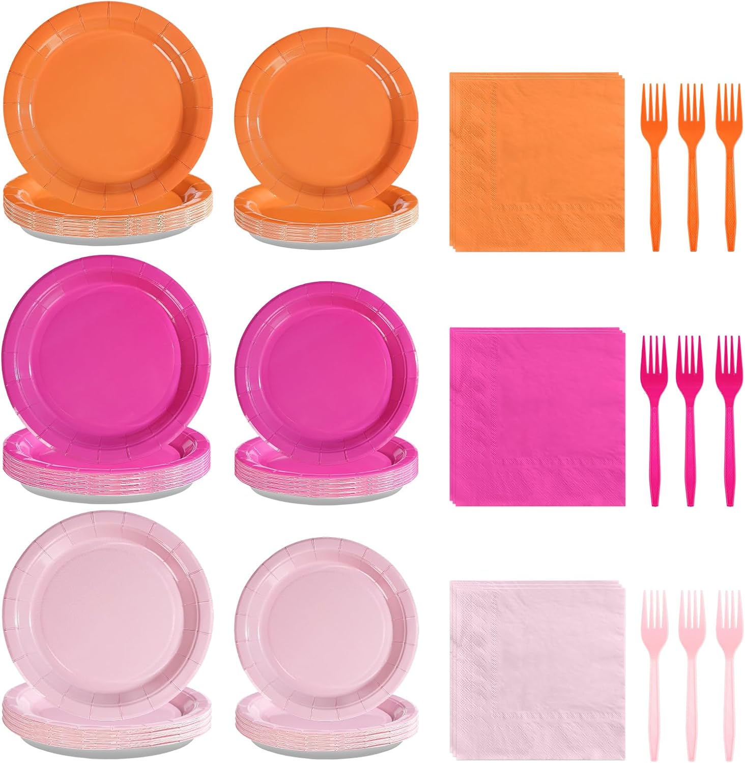 Grencian Pink and Orange Party Decorations Supplies - 96Pcs Solid Color Paper Plates and Napkins Neon Disposable Hot Pink Orange Tableware Sets for Sunset Theme Birthday Party Decorations Serves 24