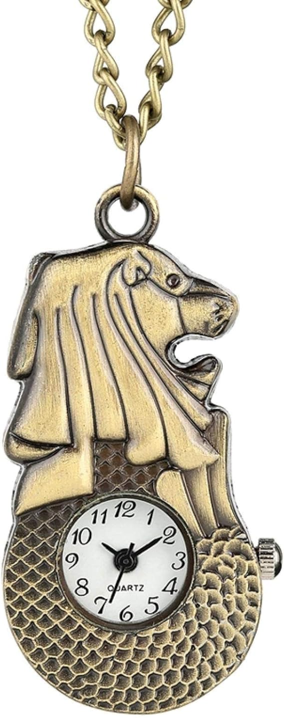 Amazon 懐中時計シンガポールマーライオンパターン懐中時計チェーンホワイトダイヤルアラビア数字クォーツスリムペンダントネックレスグッズとして 懐中時計 ファッション 通販