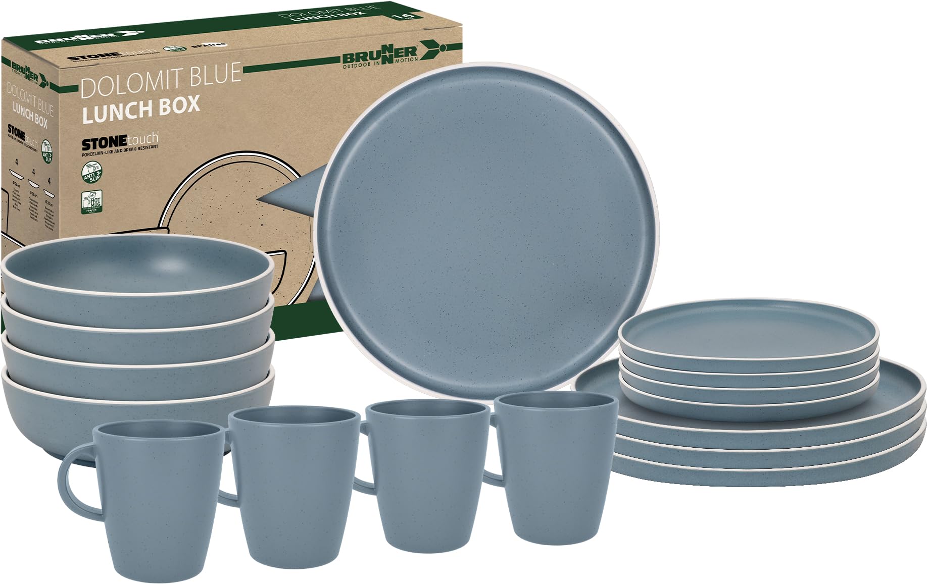 Brunner Dolomit Melamine Camping Dinner Set, Anti Slip Outdoor Tableware Set, Lightweight Break Resistant Plates Bowls & Mugs, Caravan, Picnic & Camping Dining (Dolomit Blue, 16 Piece Set)