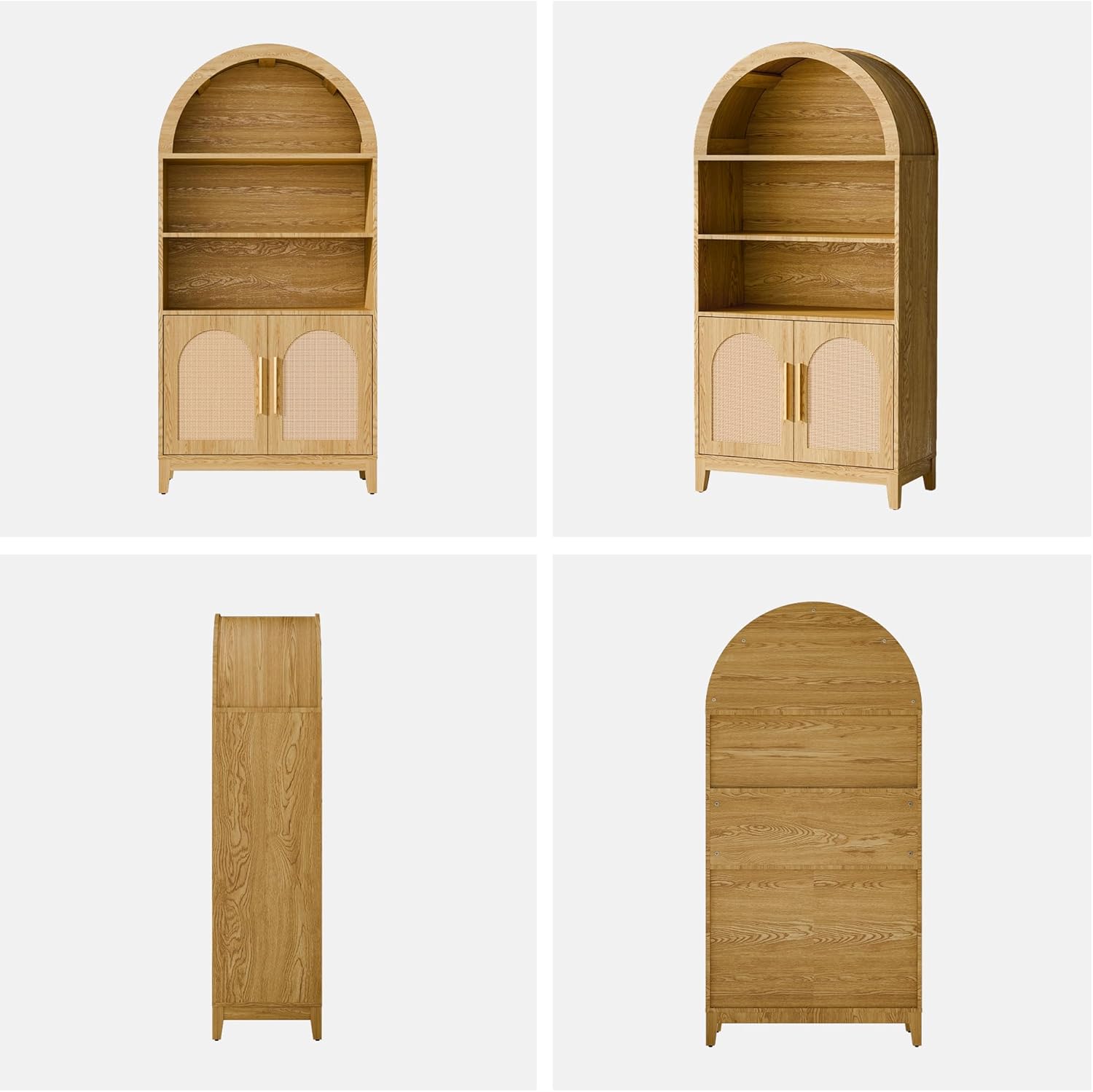 63" Arched Bookshelf with Rattan Doors, Mid Century Modern Bookcase with Adjustable Shelves, 5-Tier Wood Storage Display Cabinet for Living Room, Home Office, Natural Oak