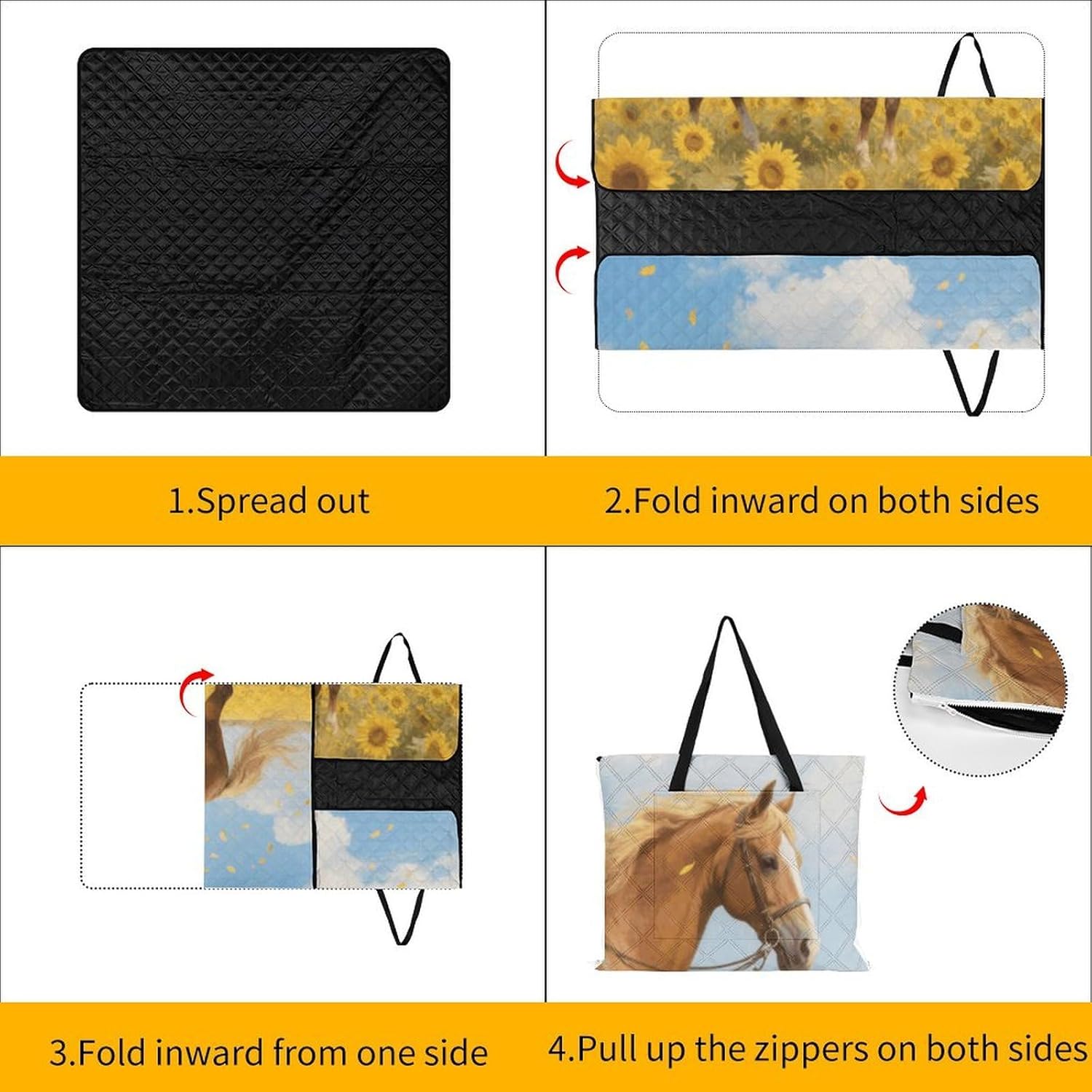 Horse Picnic Blanket 150x150cm, Foldable 2-in-1 Picnic Mat and Tote Bag Portable Waterproof Beach Mat Sandproof Outdoor Blanket for Park, Hiking, Beach, Camping, Travel
