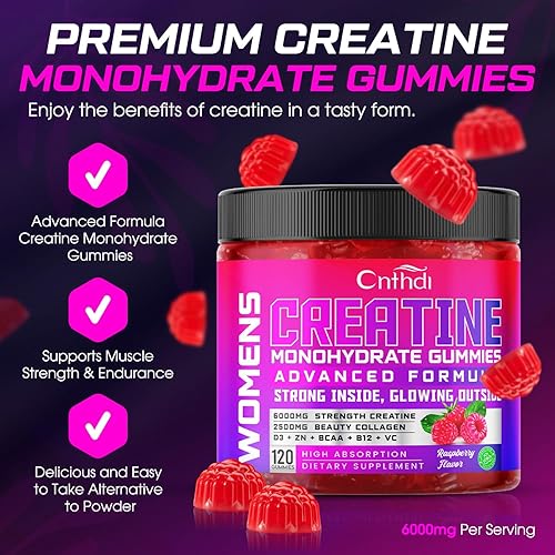 Miniatura 2 de Gomitas de monohidrato de creatina 6000MG pre-entrenamiento para mujeres, gomitas de creatina con colágeno, BCAA 211, zinc y taurina para el apoyo