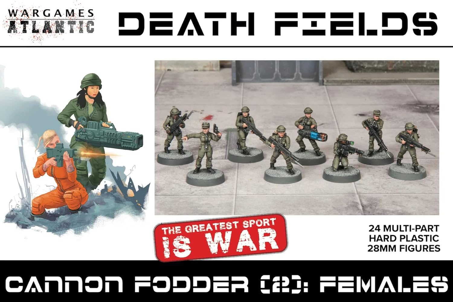 Death Fields - Cannon Fodder 2 = Females (24 Figures) Multi-Part Hard Plastic (HIGH Impact POLYSTYRENE) 28MM FiguresMade in The USA