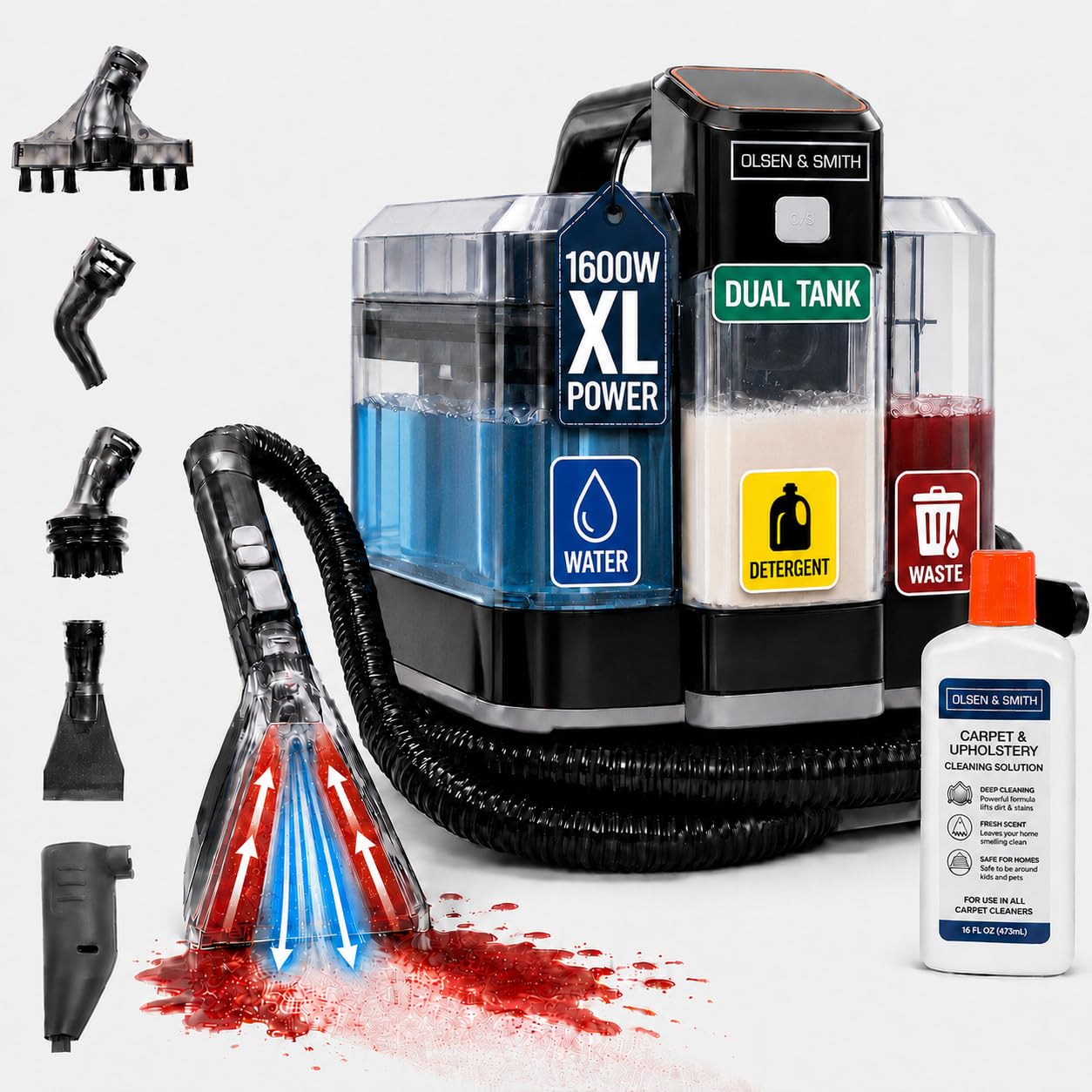 Olsen & Smith Dual-Tank Carpet & Spot Cleaner – Cold, Warm & Steam Stain Removal, 1600W Handheld Upholstery Cleaner Machine – Carpets, Rugs, Sofas, Car Seats, Stairs & Pet Stains