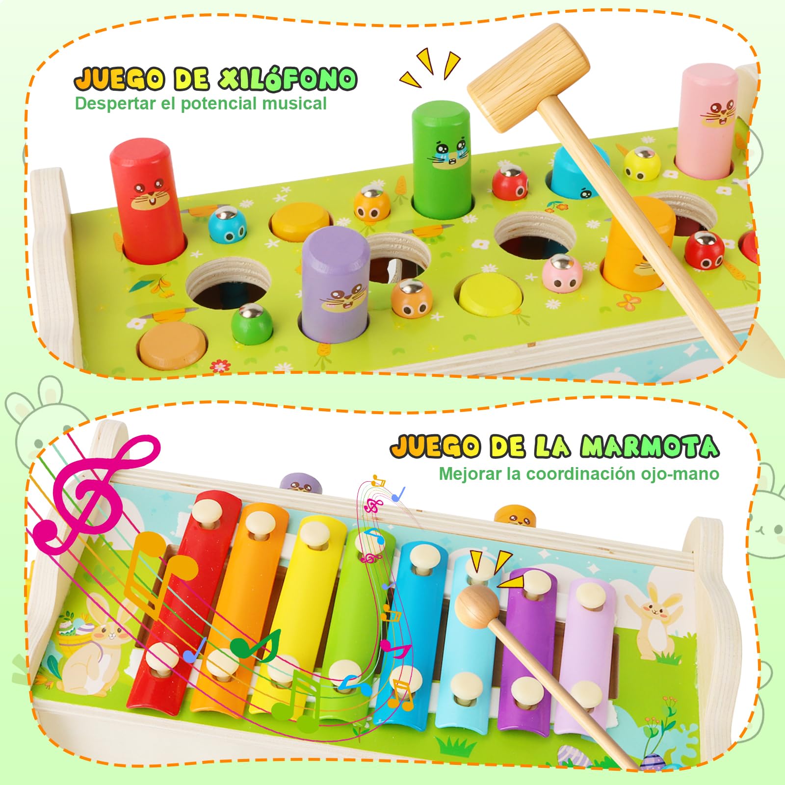 BuzzoXerex Juguetes Montessori 1 Años, 9 en 1 Juguetes Madera con Juguete de Martillo, Xilofono, Juego de Pesca y Laberinto Numérico, Interactivo Educativos Regalo Niño 1 2 3 4 Años